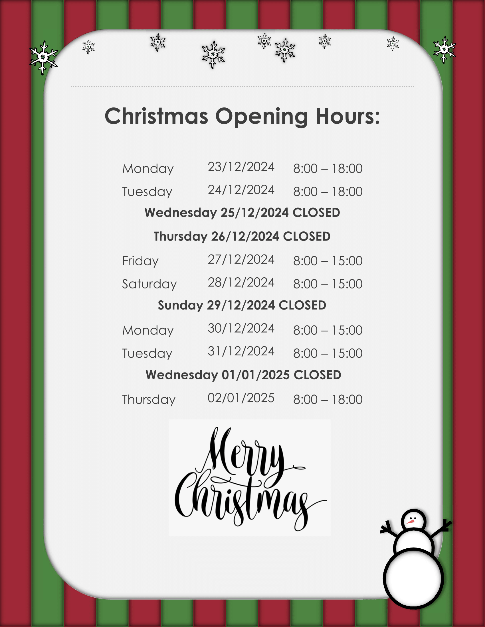 Christmas Opening Hours 2024